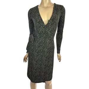 Ann Taylor Wrap Dress Sz 00P  Ties at Waist Long Sleeves Black w Brown Pattern